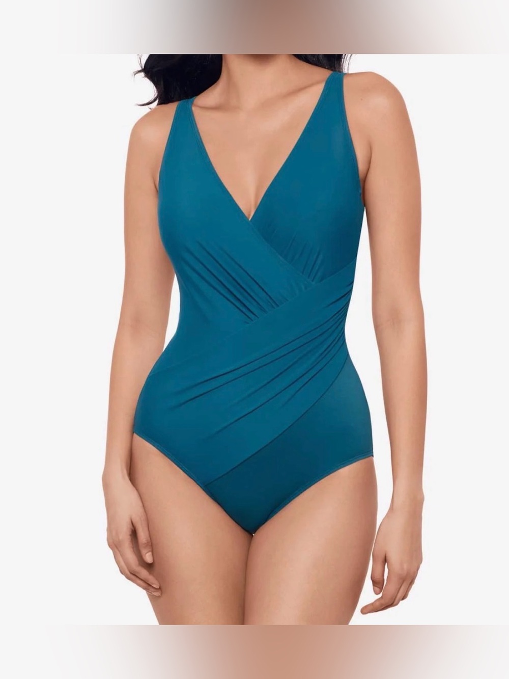 Miracle suit Teal V-Neck One-Piece Swimsuit - Sculpting Ruched Design size 10